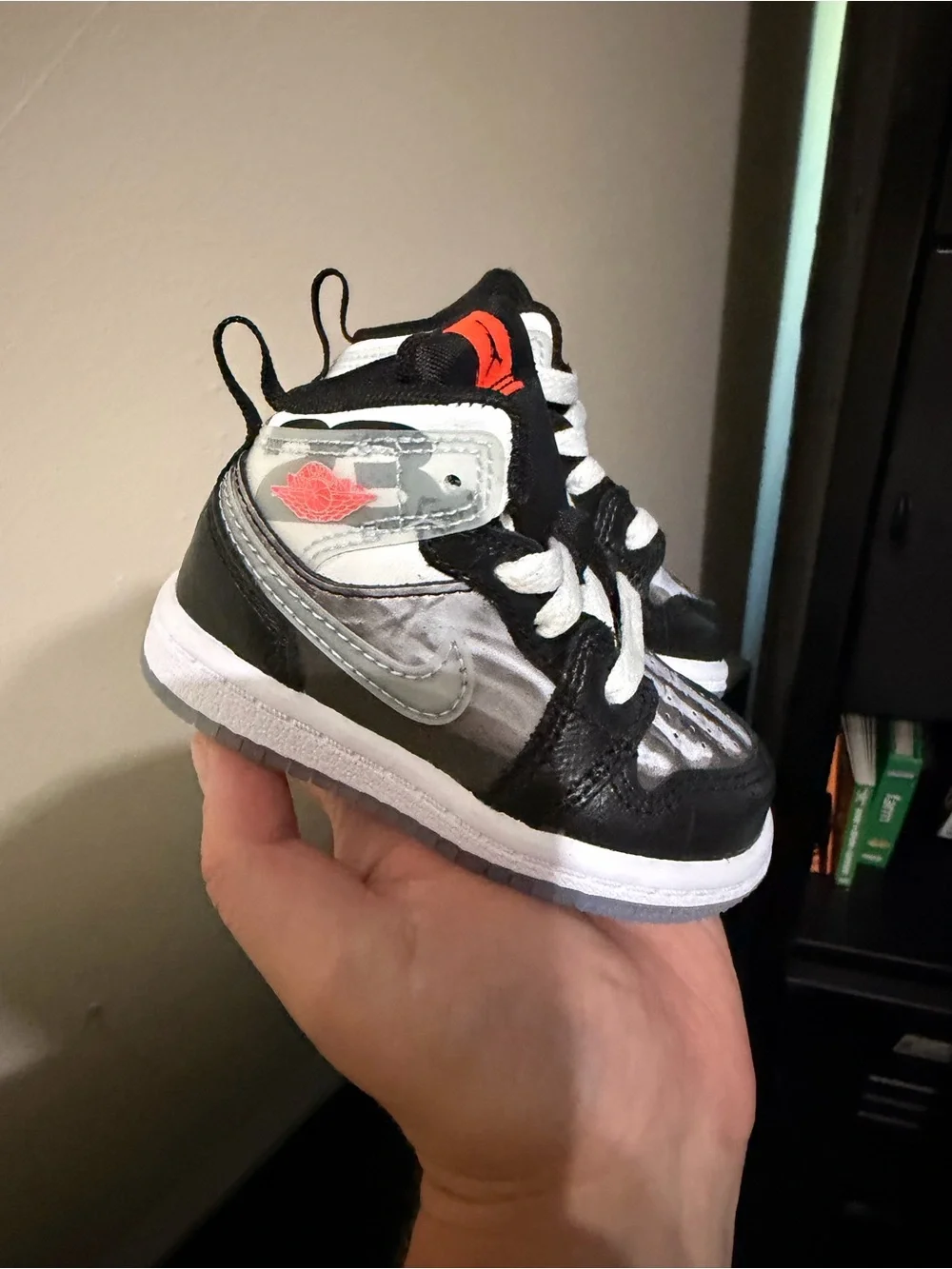 Jordan Kids' Black, White and Silver High-Top Sneaker with Red Accent